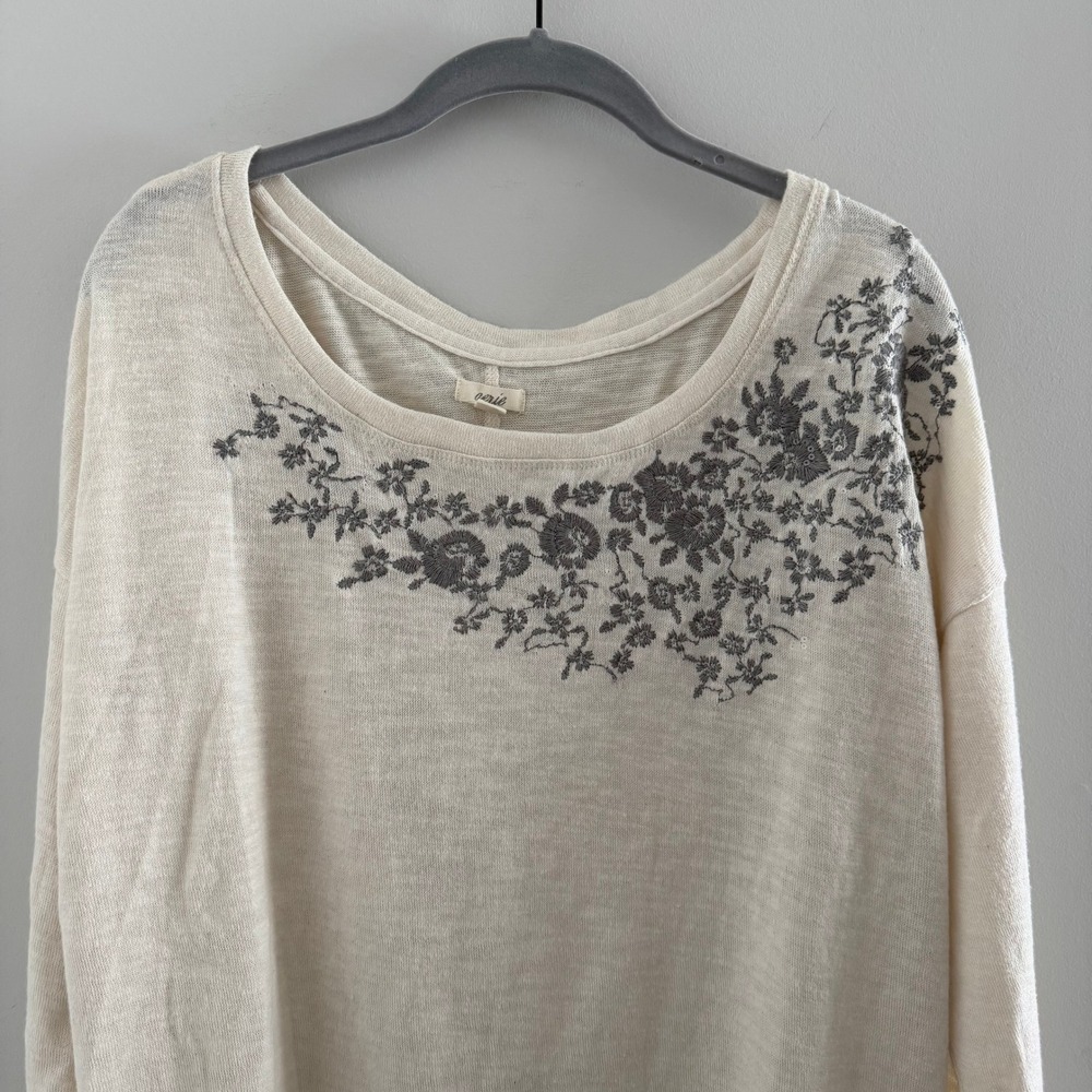 Aerie Cream Floral Embroidered Sequin Long Sleeve Knit Top L Cozy Soft Cottage